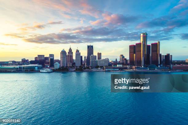 detroit aerial view sunset - detroit michigan stock pictures, royalty-free photos & images