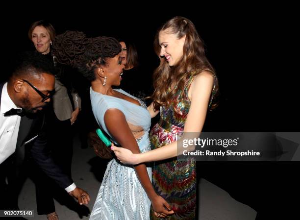 Shanola Hampton and Camila Mendes attend The Art of Elysium presents John Legend's HEAVEN at Barker Hangar on January 6, 2018 in Santa Monica,...