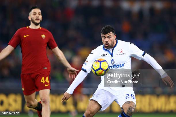 Konstantin Manolas of Roma and Andrea Petagna of Atalanta during the serie A match between AS Roma and Atalanta BC at Stadio Olimpico on January 6,...