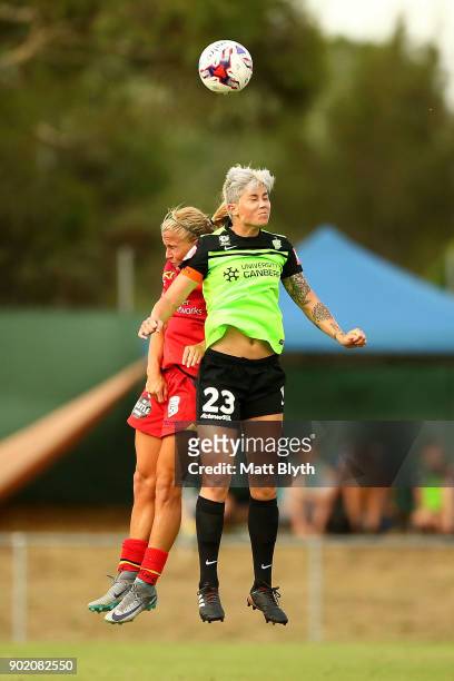 Michelle Heyman of Canberra United FC heads the ball during the round 10 W-League match between Canberra United and Adelaide United at McKellar Park...