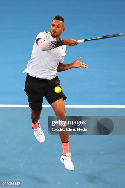 Nick Kyrgios of Australia plays a forehand in the Men's Final match against Ryan Harrison of the USA during day eight of the 2018 Brisbane...