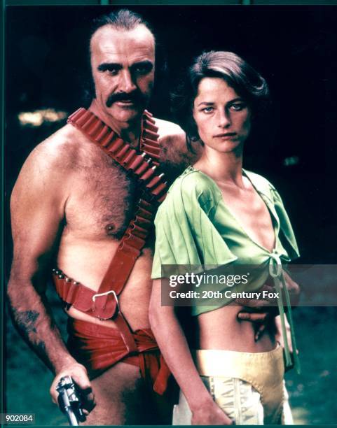 Scottish actor Sean Connery and English actress Charlotte Rampling pose in a promotional still for the science fiction film 'Zardoz,' directed by...