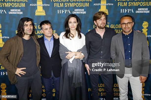 Fatih Akin, Sebastian Lelio, Angelina Jolie, Ruben Ostlund and Andrey Zvyagintsev attend the HFPA and American Cinematheque Present The Golden Globe...