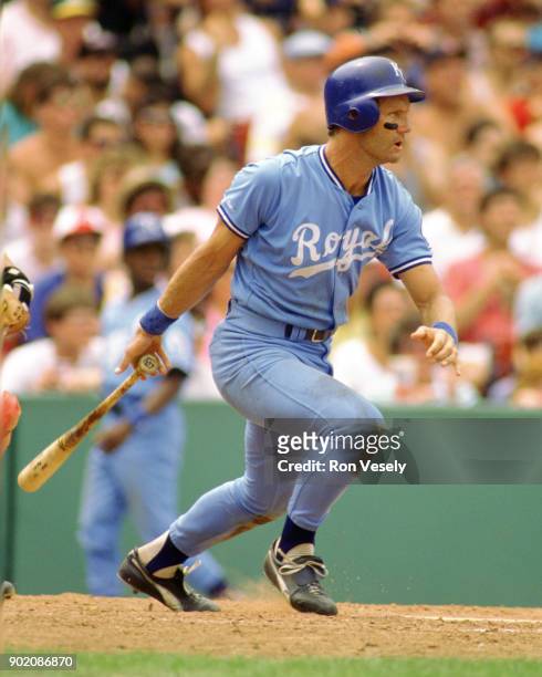 George Brett of the Kansas City Royals bats during an MLB game versus the Boston Red Sox at Fenway Park in Boston, Massachusetts during the 1988...