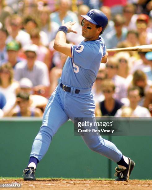 George Brett of the Kansas City Royals bats during an MLB game versus the Boston Red Sox at Fenway Park in Boston, Massachusetts during the 1988...