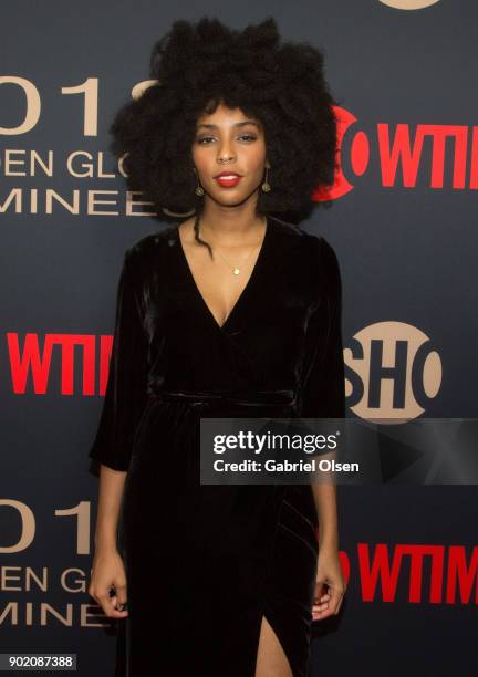 Actress Jessica Williams arrives for the Showtime Golden Globe Nominees Celebration at Sunset Tower on January 6, 2018 in Los Angeles, California.