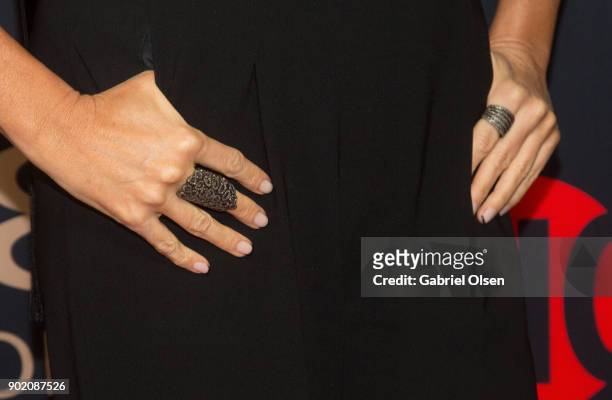 Actress Connie Britton, ring detail, arrives for the Showtime Golden Globe Nominees Celebration at Sunset Tower on January 6, 2018 in Los Angeles,...