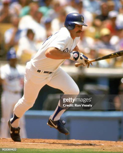 Kirk Gibson of the Los Angeles Dodgers bats during an MLB game at Dodger Stadium in Los Angeles, California during the 1989 season.