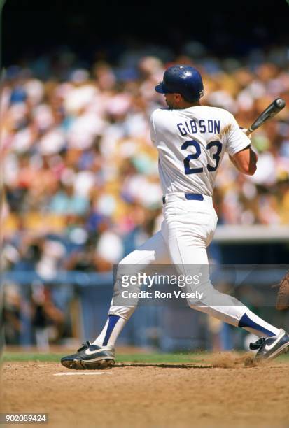 Kirk Gibson of the Los Angeles Dodgers bats during an MLB game at Dodger Stadium in Los Angeles, California during the 1989 season.