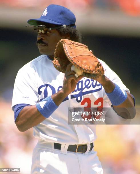 Eddie Murray of the Los Angeles Dodgers looks on during an MLB game at Dodger Stadium in Los Angeles, California during the 1988 season.