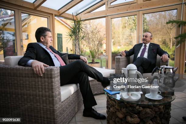 German Foreign Minister Sigmar Gabriel , SPD, welcomes Foreign Minister of Turkey Mevluet Cavusoglu in his house in Goslar, on January 06, 2018 in...