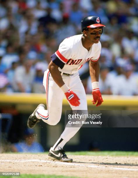 Julio Franco of the Cleveland Indians bats during an MLB game at Municipal Stadium in Cleveland, Ohio during the 1990 season.