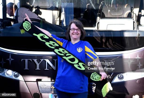 Leeds supporter poses for a photo prior to The Emirates FA Cup Third Round match between Newport County and Leeds United at Rodney Parade on January...