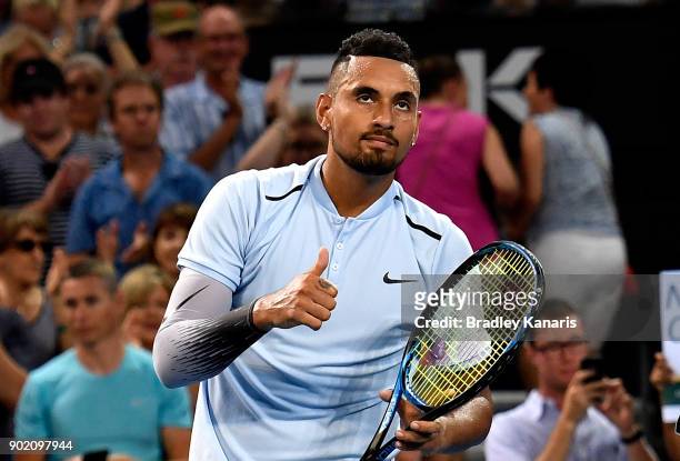 Nick Kyrgios of Australia celebrates victory after winning the Men's Final match against Ryan Harrison of the USA during day eight of the 2018...