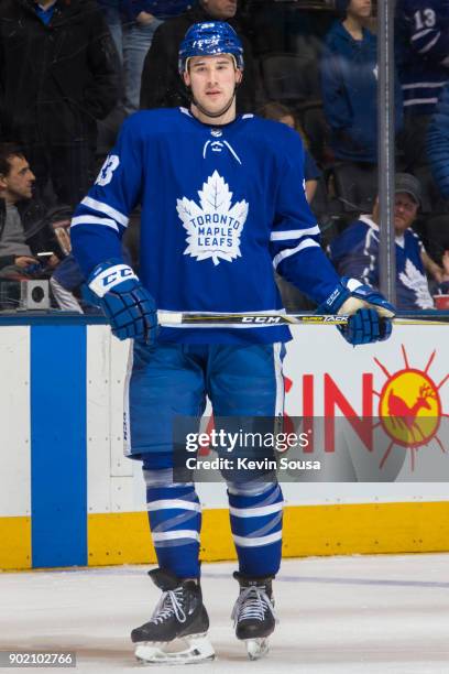 Frederik Gauthier of the Toronto Maple Leafs skates during the warm-up prior to playing against the San Jose Sharks at the Air Canada Centre on...