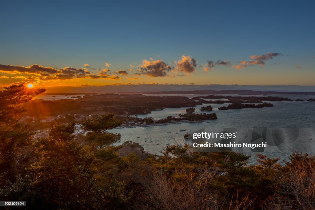 The view of Matsushima Bay, Miyagi, Japan, from Otakamori, at winter sunset