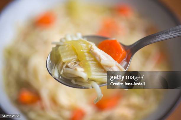 homemade chicken soup directly above - chicken soup stock pictures, royalty-free photos & images