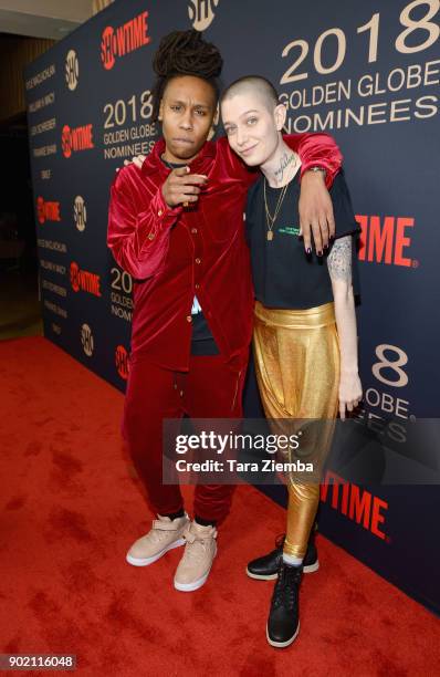 Writer Lena Waithe and Actor Asia Kate Dillon attend the Showtime Golden Globe Nominees Celebration at Sunset Tower on January 6, 2018 in Los...