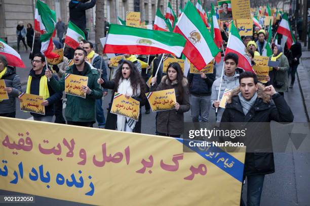 Iranian Opposition, NCRI demonstrate near Iranian Embassy in Paris on January 6 in support protests in Iran. Demonstrators joined a worldwide call by...