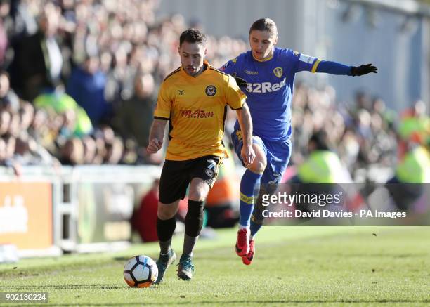 Newport County's Robbie Willmott and Leeds United's Pawel Cibicki battle for the ball during the Emirates FA Cup, Third Round match at Rodney Parade,...