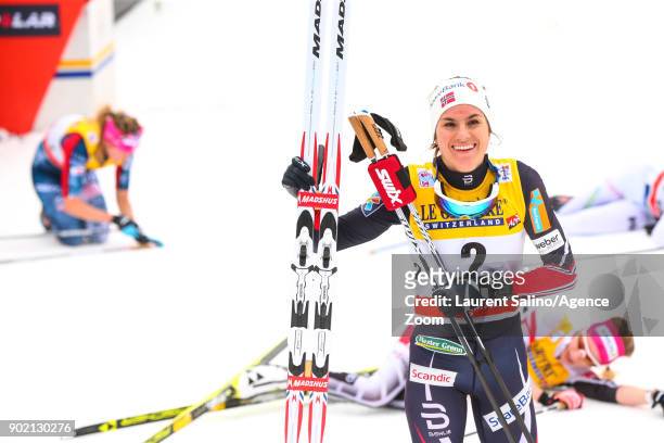 Heidi Weng of Norway takes 1st place during the FIS Nordic World Cup Women's CC 9 km F Tour de ski on January 7, 2018 in Val di Fiemme, Italy.