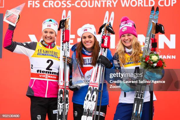 Heidi Weng of Norway takes 1st place, Ingvild Flugstad Oestberg of Norway takes joint 2nd place, Jessica Diggins of USA takes 3rd place during the...