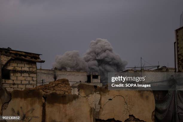 Smoke caused by airstrike seen in the center of Damascus Ghouta. 17 civilians, including 4 children and two women, were killed and more than 100...