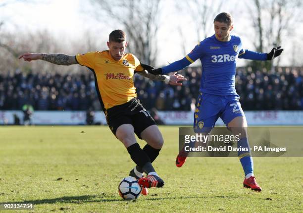 Newport County's Scot Bennett and Leeds United's Pawel Cibicki battle for the ball during the Emirates FA Cup, Third Round match at Rodney Parade,...