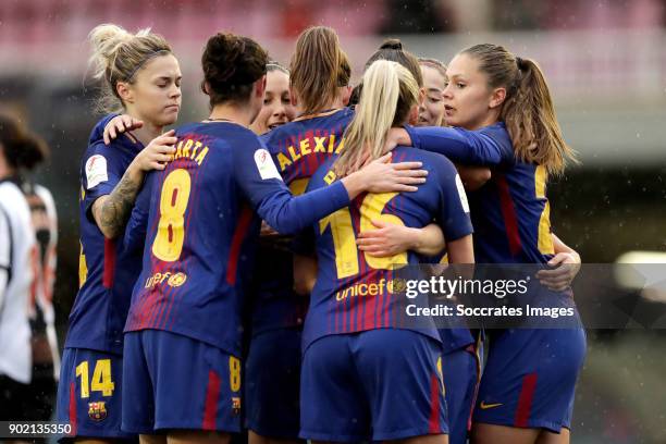 Elise Bussaglia of FC Barcelona Women celebrates 1-0 with Maria Pilar Leon of FC Barcelona Women, Marta Torrejon Moya of FC Barcelona Women, Toni...