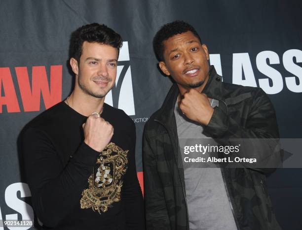 Aaron Lee and Curtis Hamilton arrive for the premiere of "Glass Jaw" held at Universal Studios Hollywood on November 9, 2017 in Universal City,...