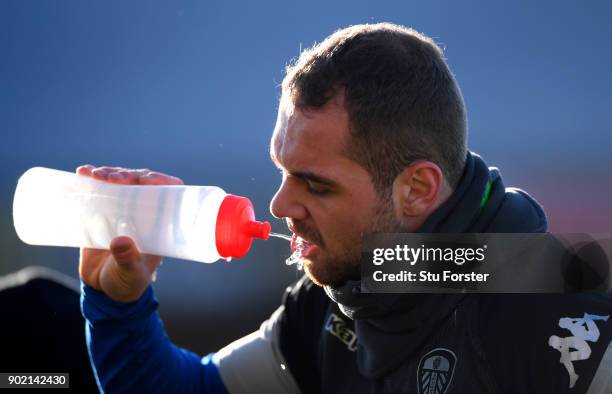 Pierre-Michel Lasogga of Leeds United warms up prior to The Emirates FA Cup Third Round match between Newport County and Leeds United at Rodney...