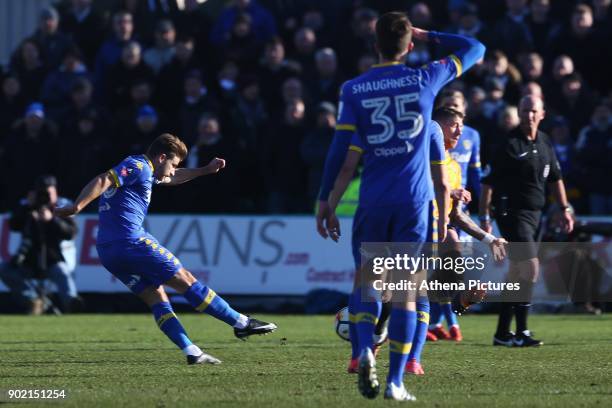 Gaetano Berardi of Leeds United scores his sides first goal of the match during the Fly Emirates FA Cup Third Round match between Newport County and...