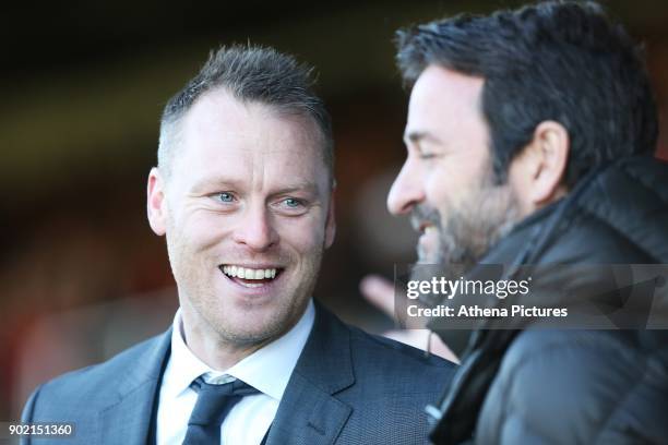 Newport County manager Michael Flynn laughs with Leeds United manager Thomas Christiansen prior to kick off of the Fly Emirates FA Cup Third Round...