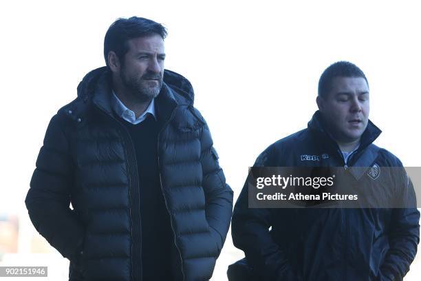 Leeds United manager Thomas Christiansen arrives at Rodney Parade prior to kick off of the Fly Emirates FA Cup Third Round match between Newport...