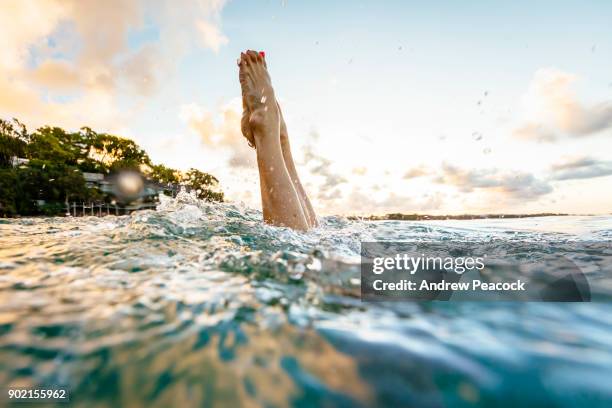a woman's legs above the ocean as she dives down - noosa queensland stock pictures, royalty-free photos & images