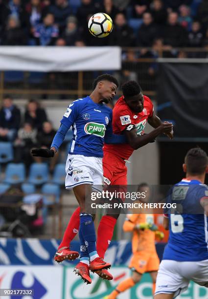 Strasbourg's Cape Verdian forward Nuno Da Costa vies with Dijon's defender Papy Djilobodji during the French Cup football match between Strasbourg...