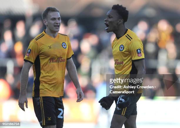 Newport County's Shawn McCoulsky celebrates scoring his side's second goal during the Emirates FA Cup Third Round match between Newport County and...