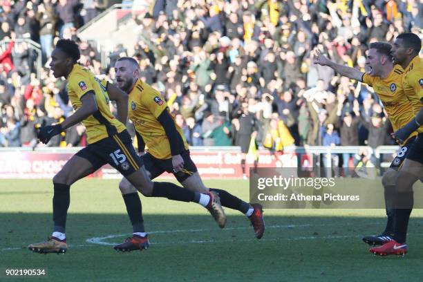 Shawn McCoulsky of Newport County celebrates scoring his sides second goal of the match during the Fly Emirates FA Cup Third Round match between...