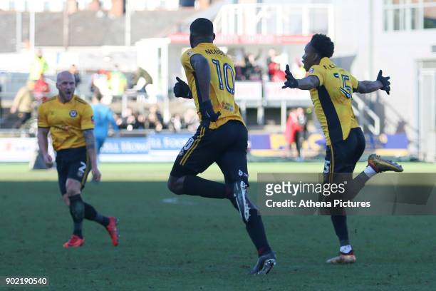 Shawn McCoulsky of Newport County celebrates scoring his sides second goal of the match during the Fly Emirates FA Cup Third Round match between...