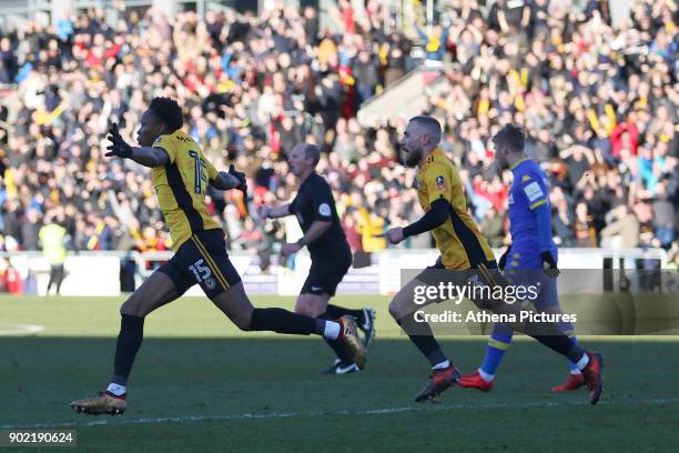 Shawn McCoulsky of Newport County celebrates scoring his sides second goal of the match during the Fly Emirates FA Cup Third Round match between...