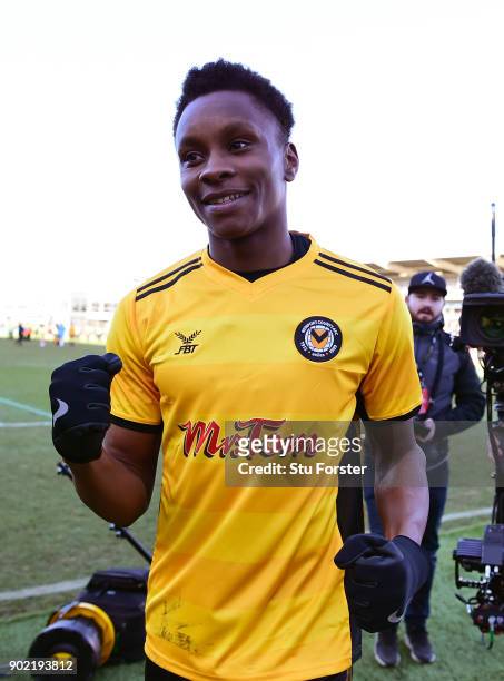 Newport County winning goalscorer Shawn McCoulsky celebrates after The Emirates FA Cup Third Round match between Newport County and Leeds United at...