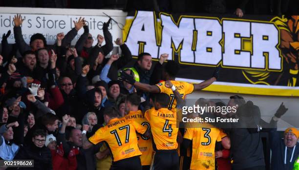 Newport County player Shawn McCoulsky celebrates his winning goal during The Emirates FA Cup Third Round match between Newport County and Leeds...