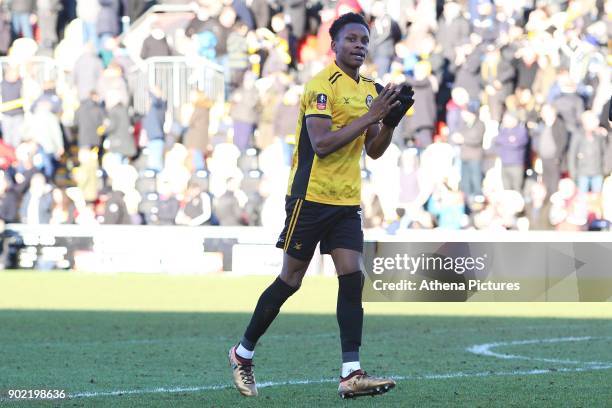 Match winner Shawn McCoulsky of Newport County celebrates after the final whistle of the Fly Emirates FA Cup Third Round match between Newport County...