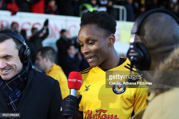 Match winner Shawn McCoulsky of Newport County celebrates as he talks to the BBC after the final whistle of the Fly Emirates FA Cup Third Round match...