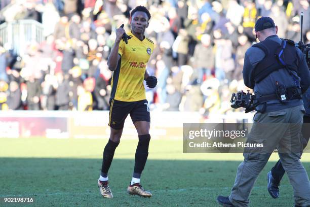 Match winner Shawn McCoulsky of Newport County celebrates after the final whistle of the Fly Emirates FA Cup Third Round match between Newport County...