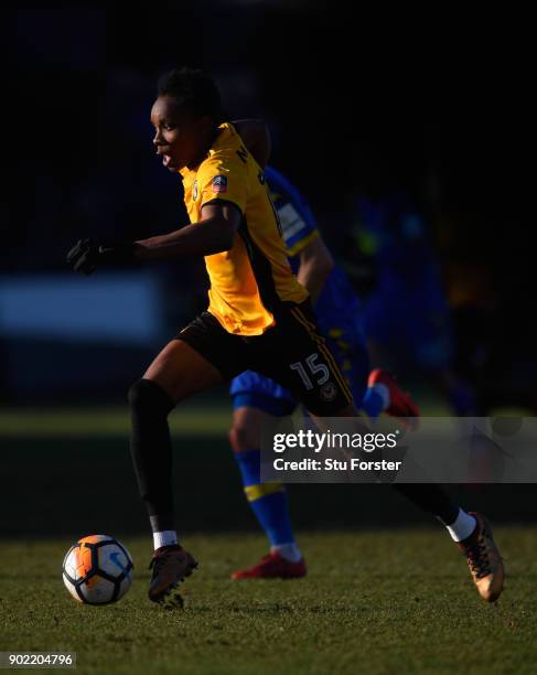 Newport County player Shawn McCoulsky in action during The Emirates FA Cup Third Round match between Newport County and Leeds United at Rodney Parade...