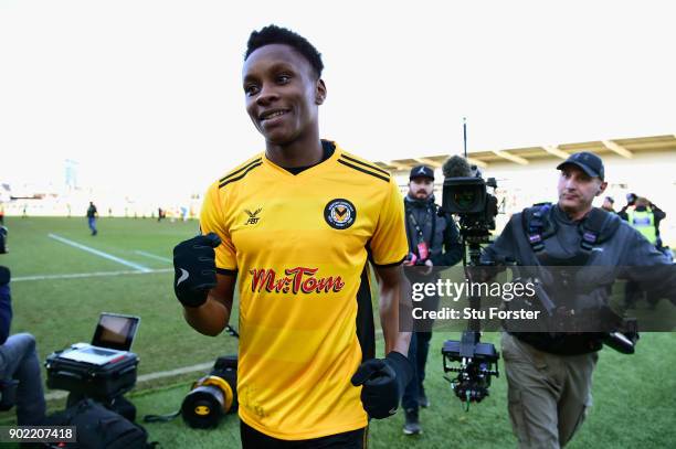 Newport County winning goalscorer Shawn McCoulsky celebrates after The Emirates FA Cup Third Round match between Newport County and Leeds United at...