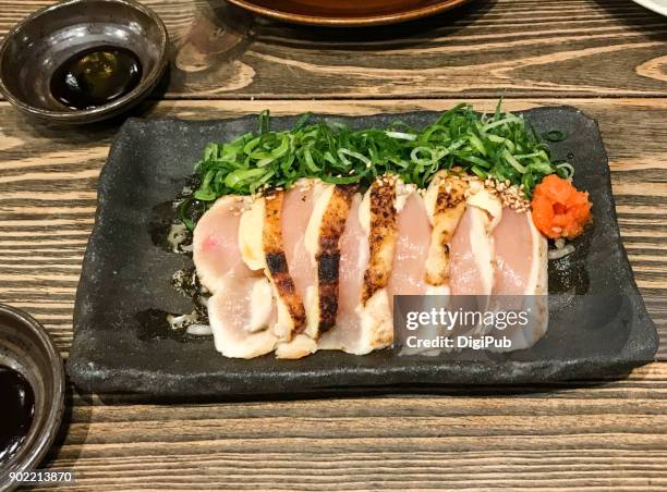 broiled chicken sashimi with momoji miso and green onion - sashimi stock pictures, royalty-free photos & images