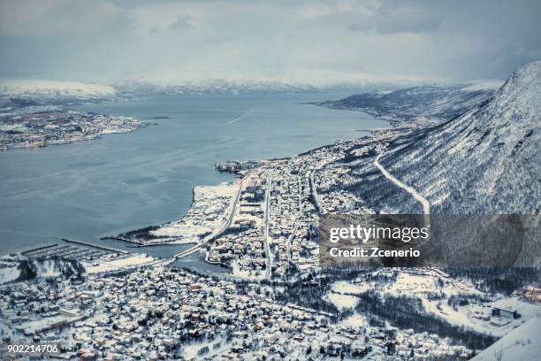 winter white landscape of tromso from top bird eye view - christmas finland stock pictures, royalty-free photos & images