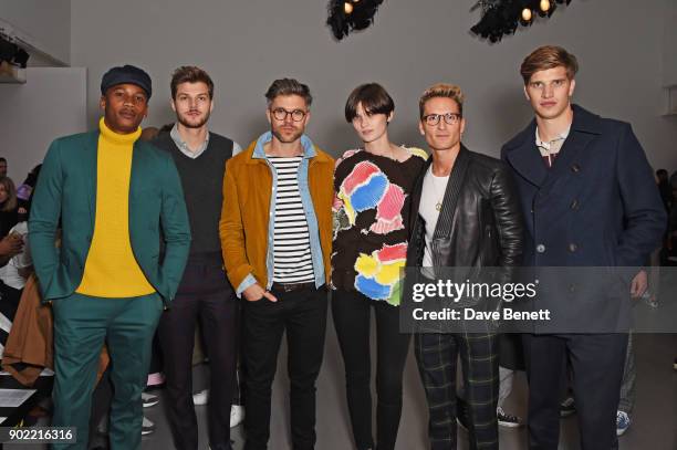 Eric Underwood, Jim Chapman, Darren Kennedy, Lara Mullen, Oliver Proudlock and Toby Huntington-Whiteley attend the Christopher Raeburn show during...